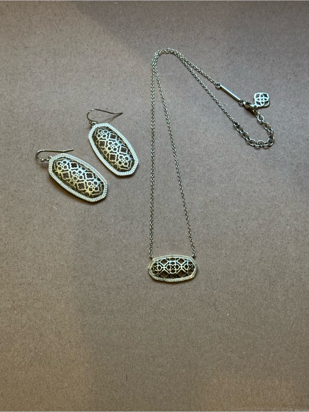 Kendra Scott Gold Filigree Oval Necklace with Matching Earrings